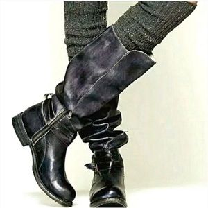 Bed Stu Cobbler Series Bristol Black Leather Side Zip Slouch Tall Riding Boots